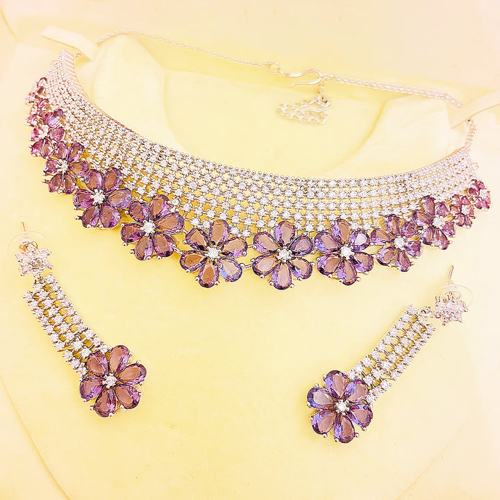 Rania CZ Floral Choker Necklace Set With Drop Earrings & Bindiya
