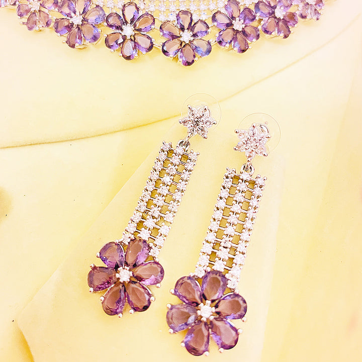 Rania CZ Floral Choker Necklace Set With Drop Earrings & Bindiya