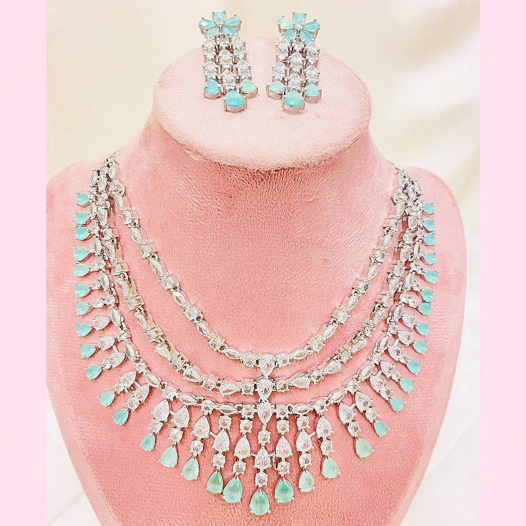 Aqua Light Teardrop CZ Bridal Necklace Set With Bindiya Earrings