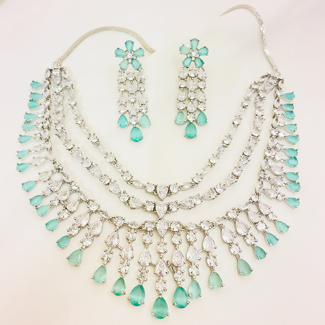 Aqua Light Teardrop CZ Bridal Necklace Set With Bindiya Earrings