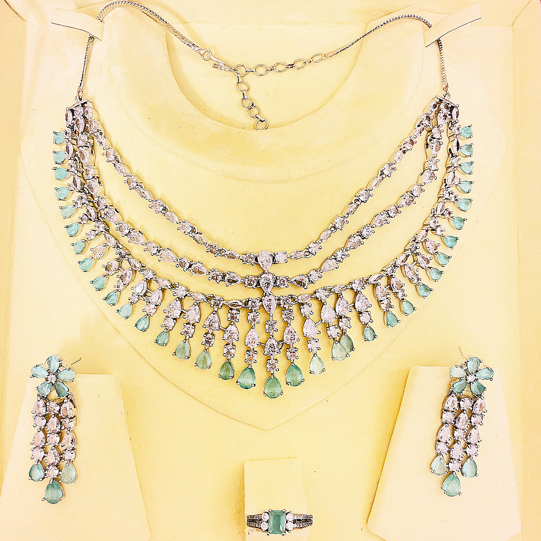 Aqua Light Teardrop CZ Bridal Necklace Set With Bindiya Earrings