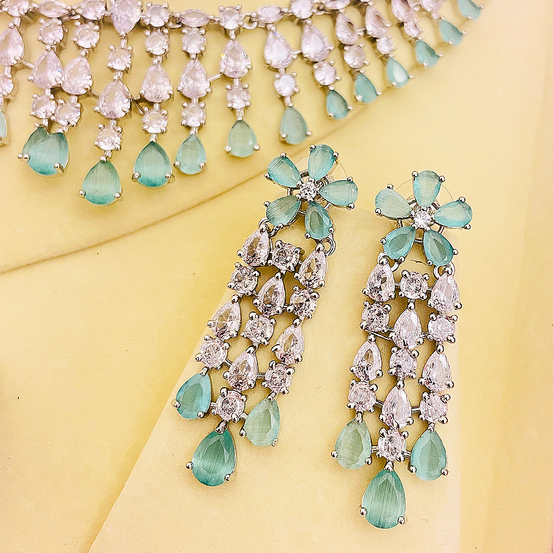 Aqua Light Teardrop CZ Bridal Necklace Set With Bindiya Earrings