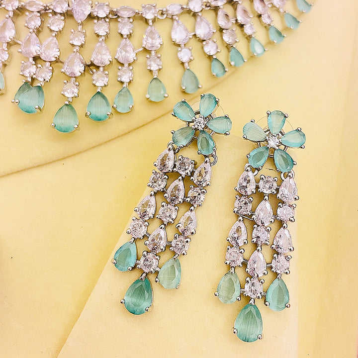 Aqua Light Teardrop CZ Bridal Necklace Set With Bindiya Earrings