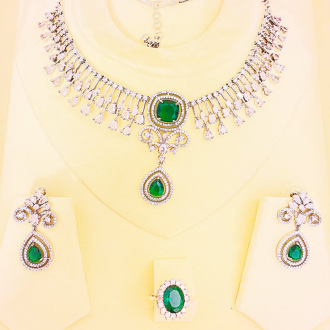 Sylvia – Regal Teardrop & Fringe Necklace Set With Matching Earrings