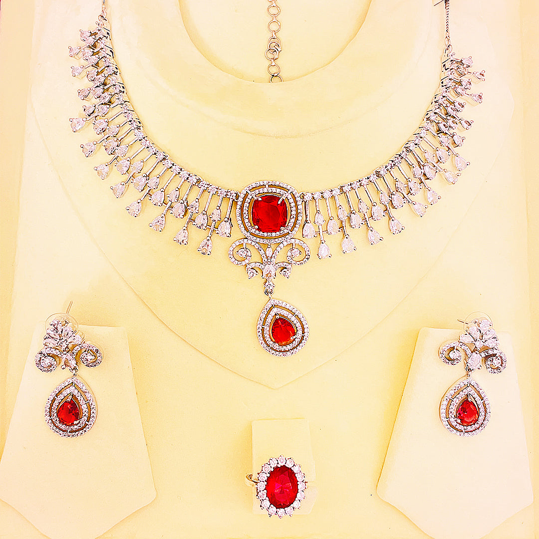 Sylvia – Regal Teardrop & Fringe Necklace Set With Matching Earrings