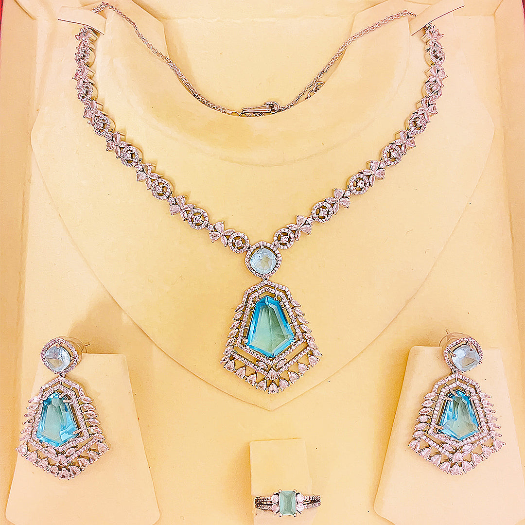Elara AD & CZ Necklace Set - Ocean Blue American Diamond