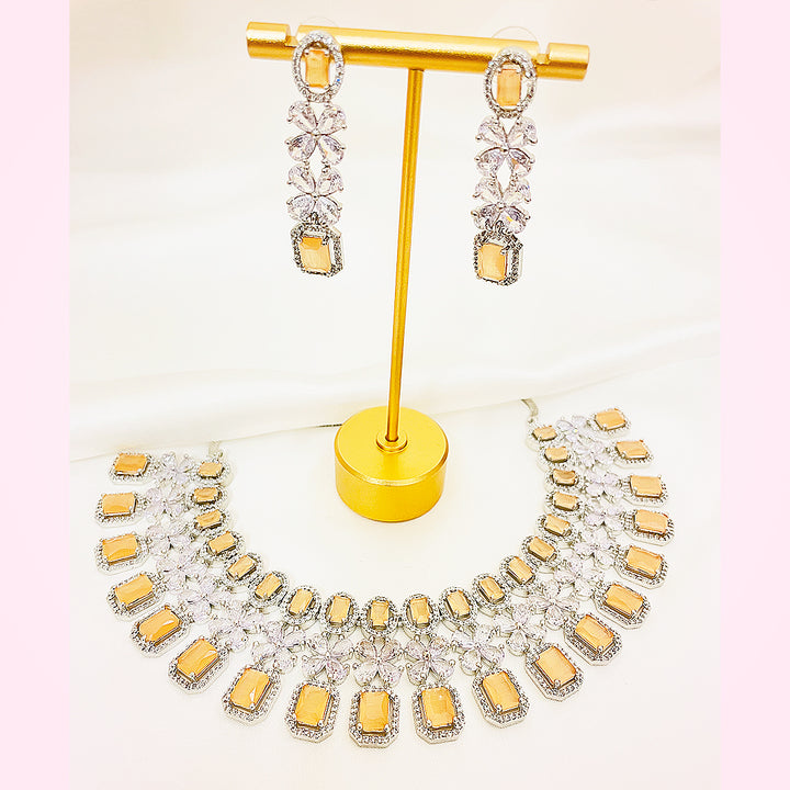 Zara – Statement Oval & Emerald Cut Necklace Set With Floral Earrings