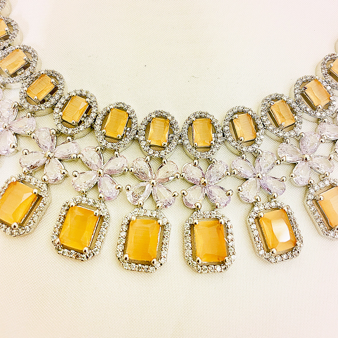 Zara – Statement Oval & Emerald Cut Necklace Set With Floral Earrings
