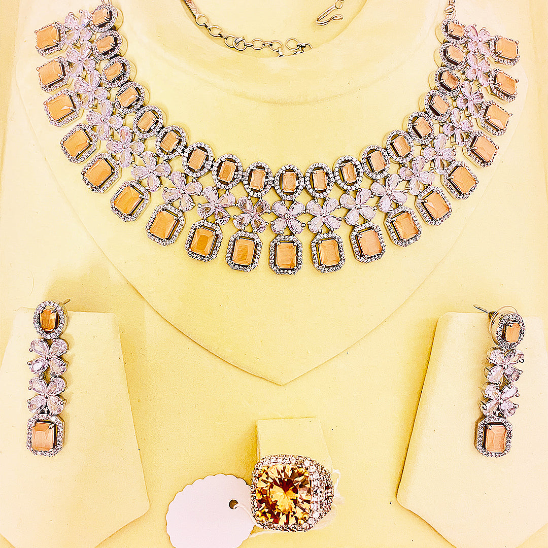 Zara – Statement Oval & Emerald Cut Necklace Set With Floral Earrings
