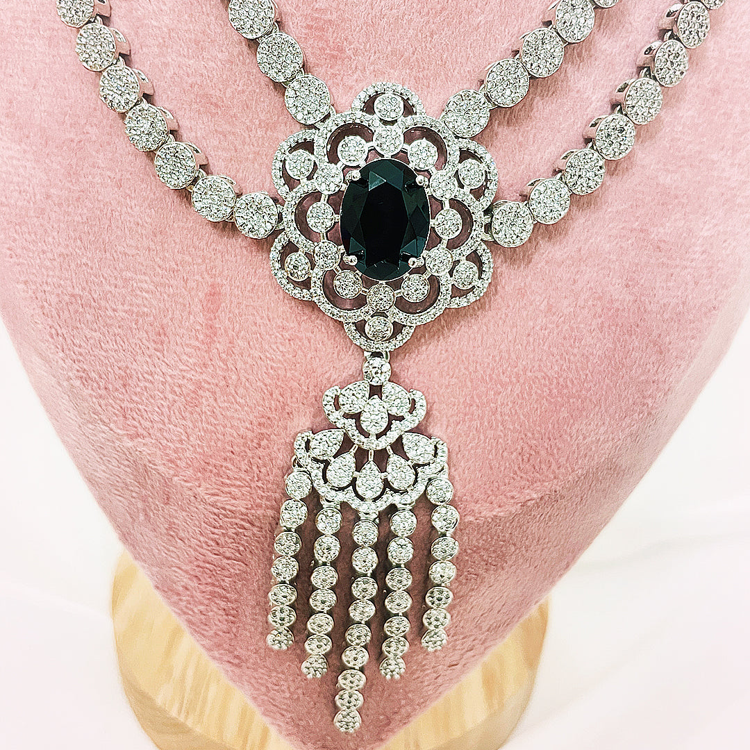 Elina AD & CZ Necklace Set - Black Stone American Diamond