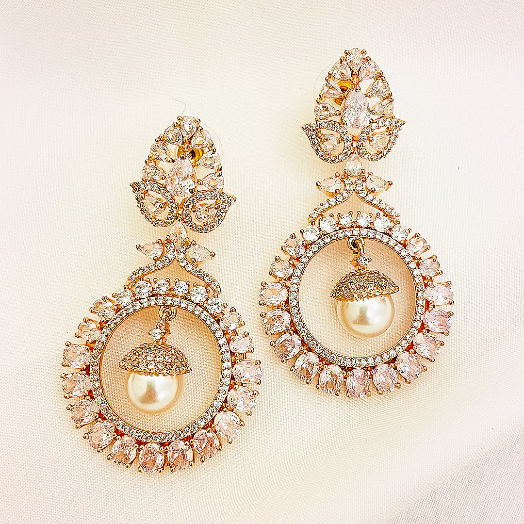 Evangeline Pearl Drop Halo Cut CZ Earrings With Rose Gold Polish