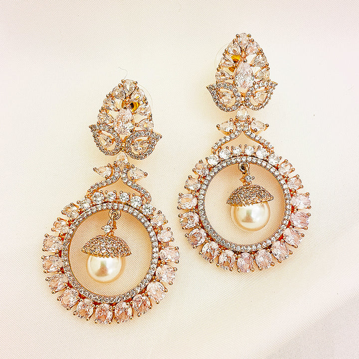 Evangeline Pearl Drop Halo Cut CZ Earrings With Rose Gold Polish