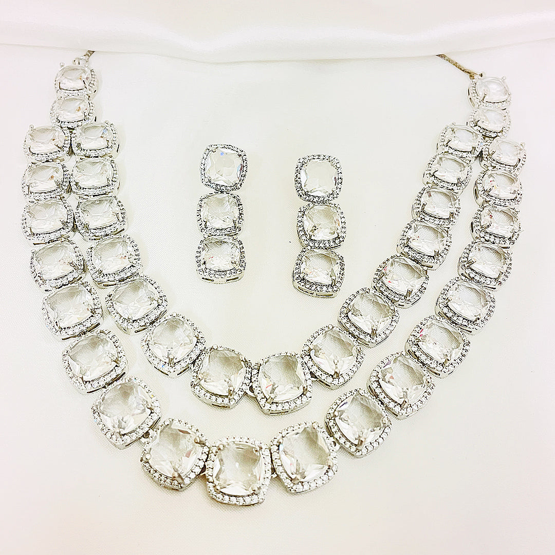 Elanora AD Necklace & Earrings Set - Double Layered Cushion