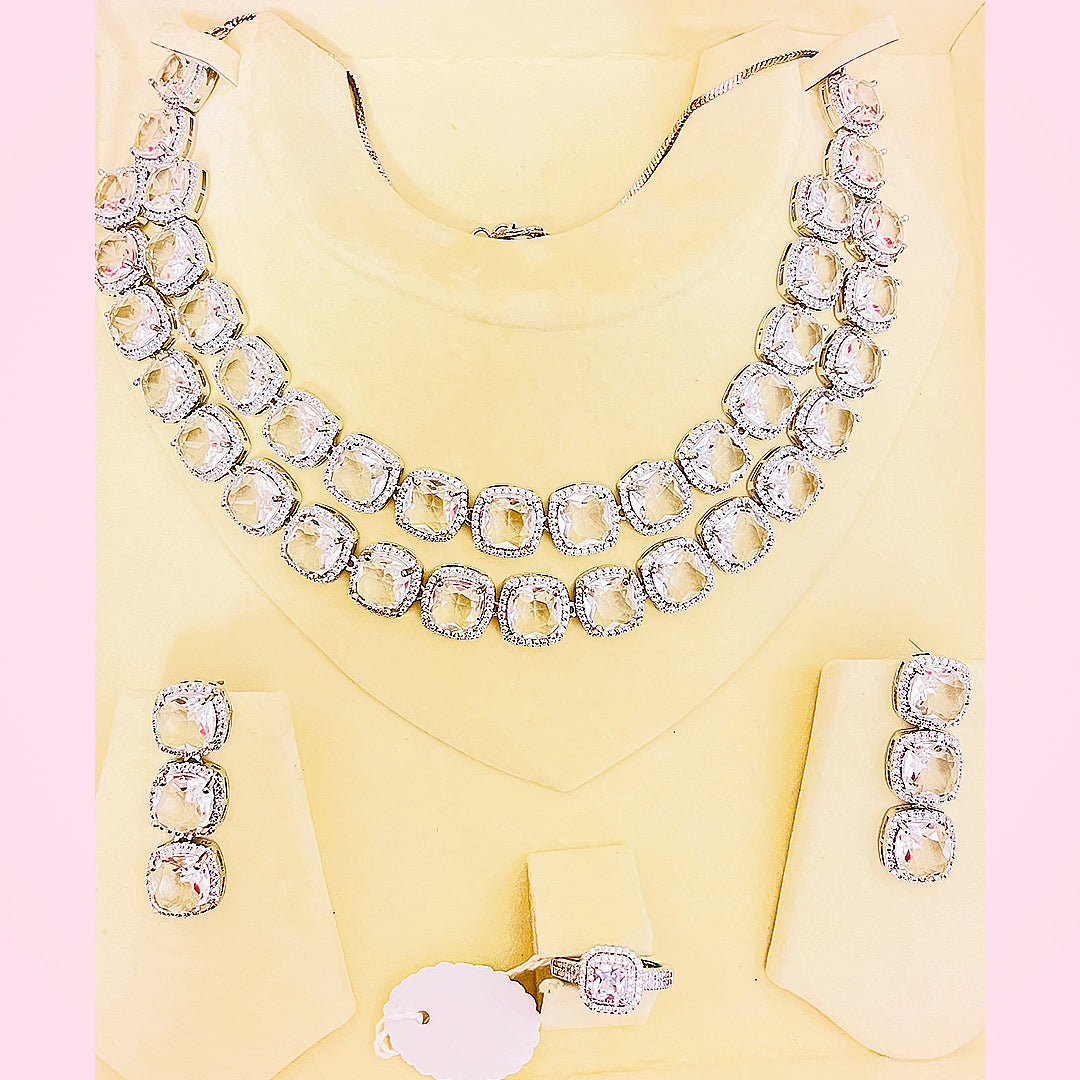 Elanora AD Necklace & Earrings Set - Double Layered Cushion