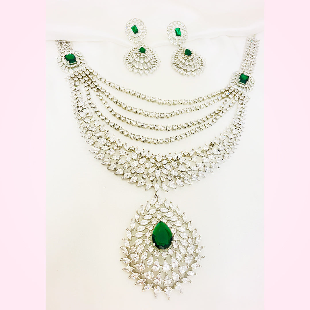 Anya Multi-Layered CZ Long Mala Necklace Set With Bindiya Earrings