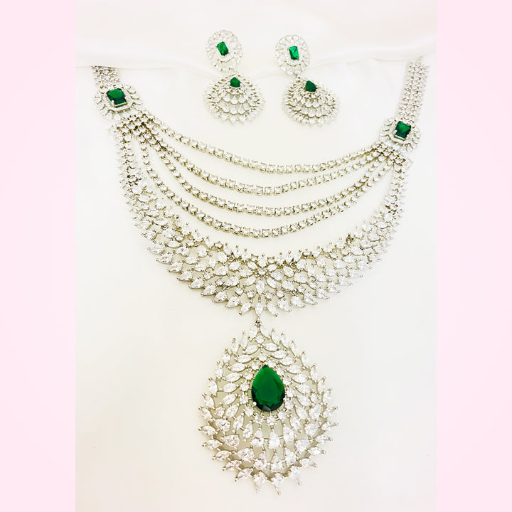 Anya Multi-Layered CZ Long Mala Necklace Set With Bindiya Earrings