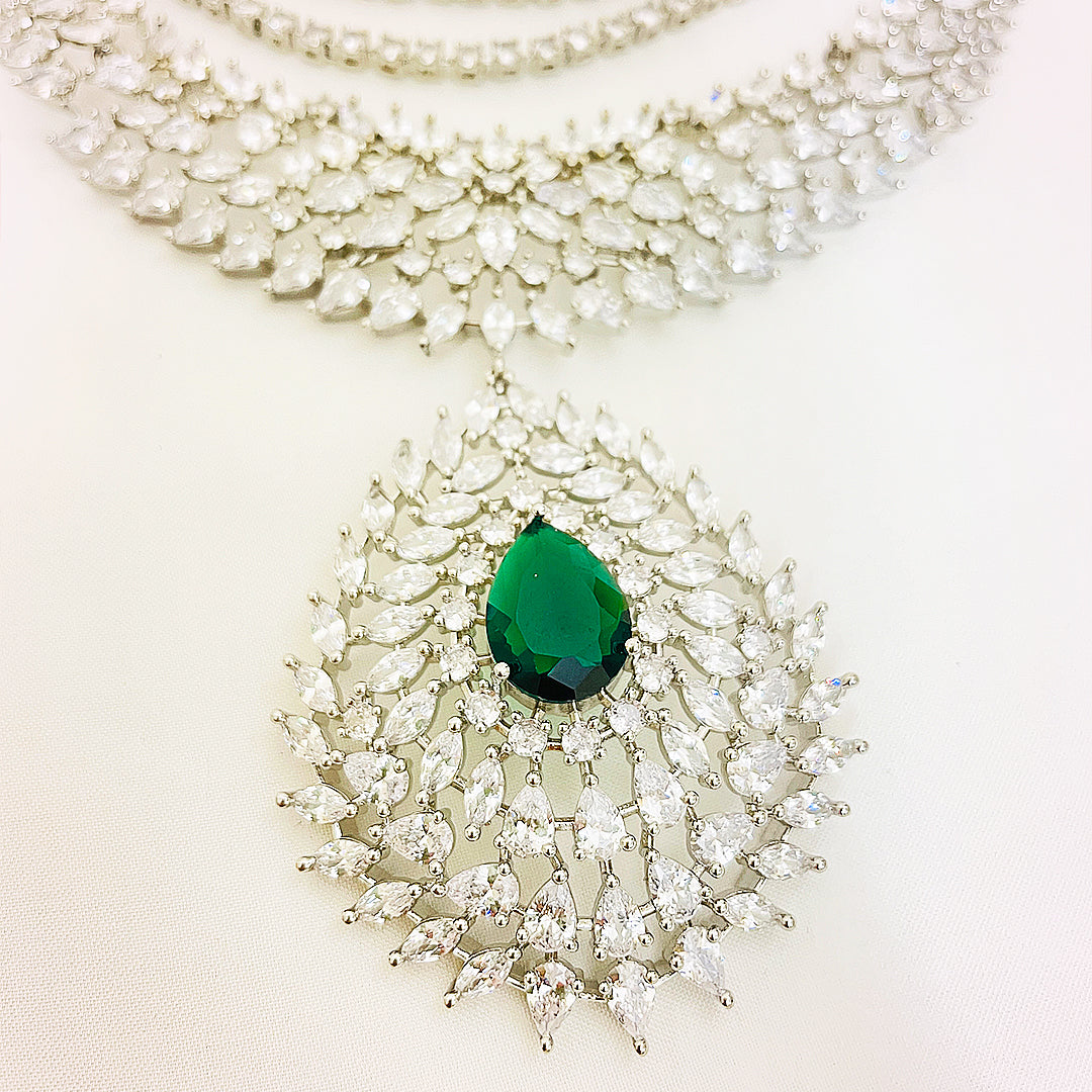 Anya Multi-Layered CZ Long Mala Necklace Set With Bindiya Earrings