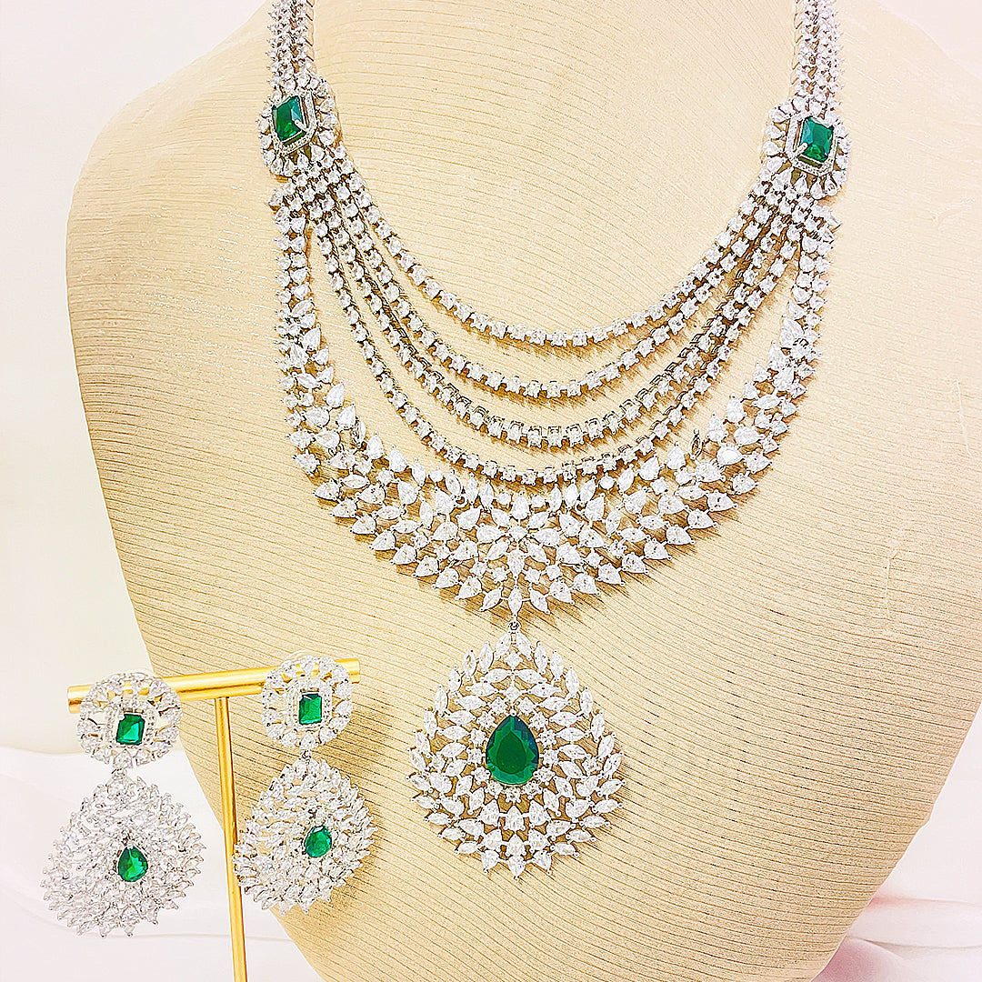 Anya Multi-Layered CZ Long Mala Necklace Set With Bindiya Earrings