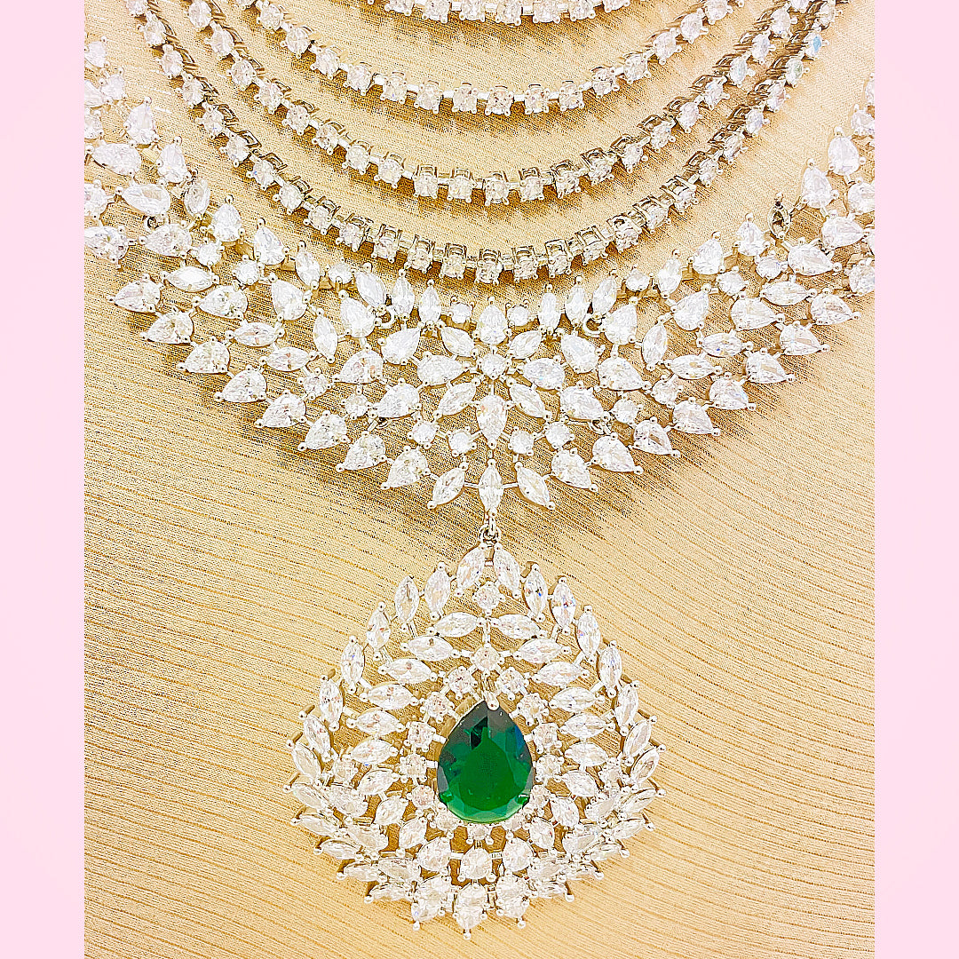 Anya Multi-Layered CZ Long Mala Necklace Set With Bindiya Earrings