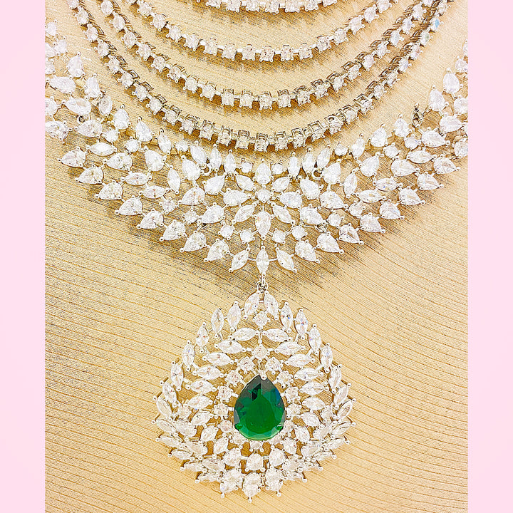 Anya Multi-Layered CZ Long Mala Necklace Set With Bindiya Earrings