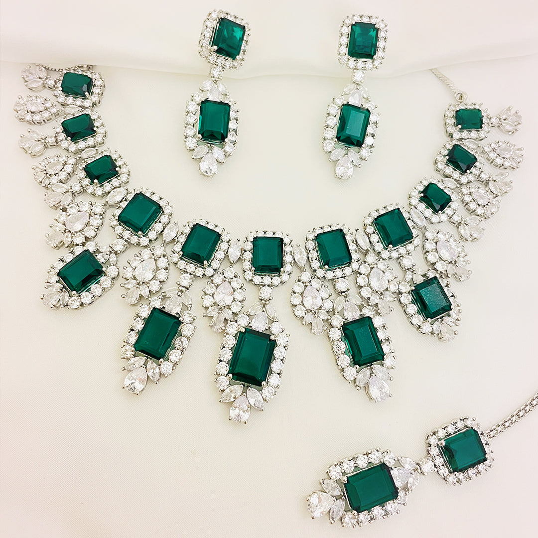Alina Emerald-Cut CZ Bridal Necklace Set With Earrings & Bindiya