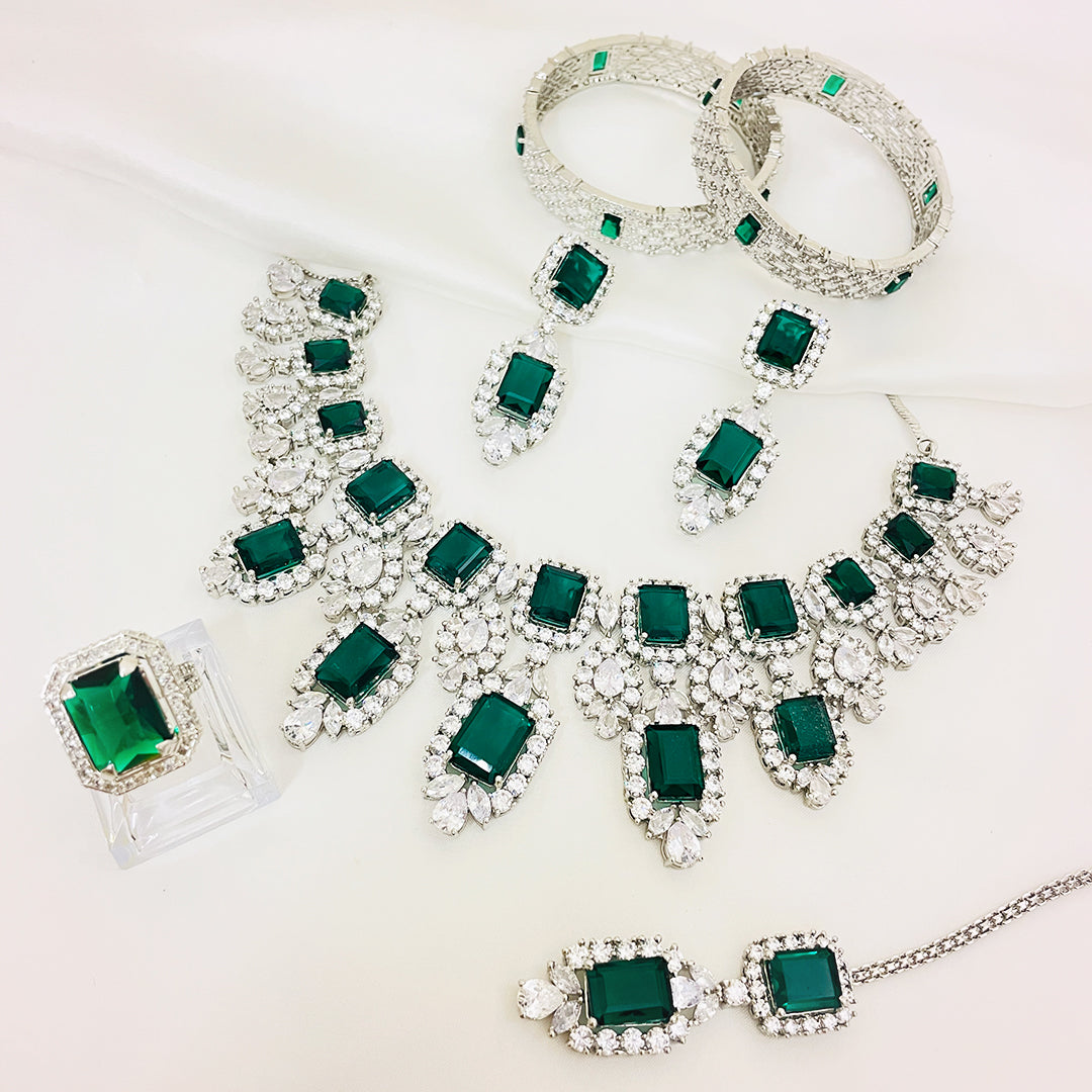 Alina Emerald-Cut CZ Bridal Necklace Set With Earrings & Bindiya