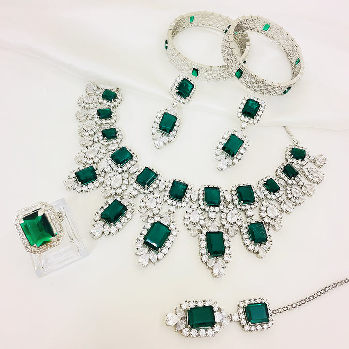 Alina Emerald-Cut CZ Bridal Necklace Set With Earrings & Bindiya
