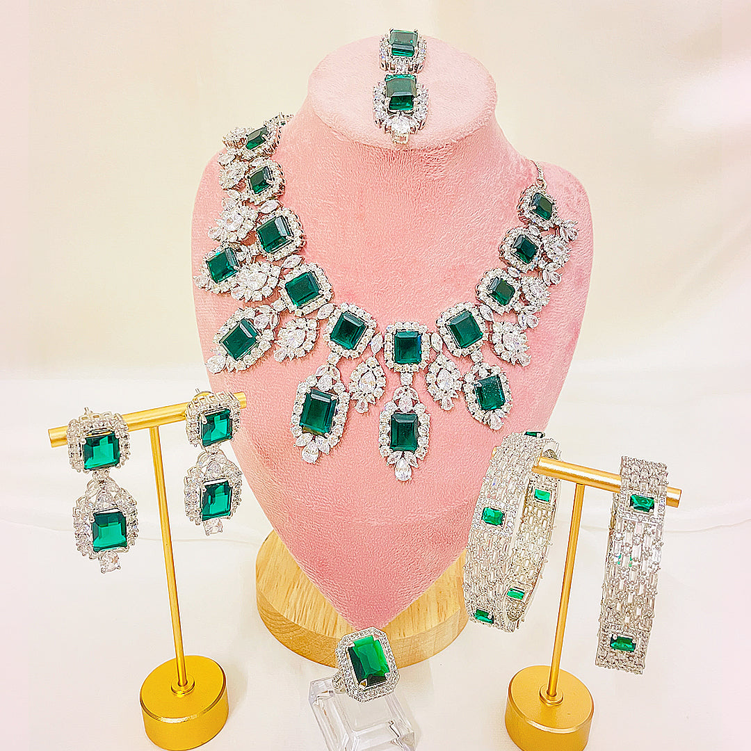 Alina Emerald-Cut CZ Bridal Necklace Set With Earrings & Bindiya