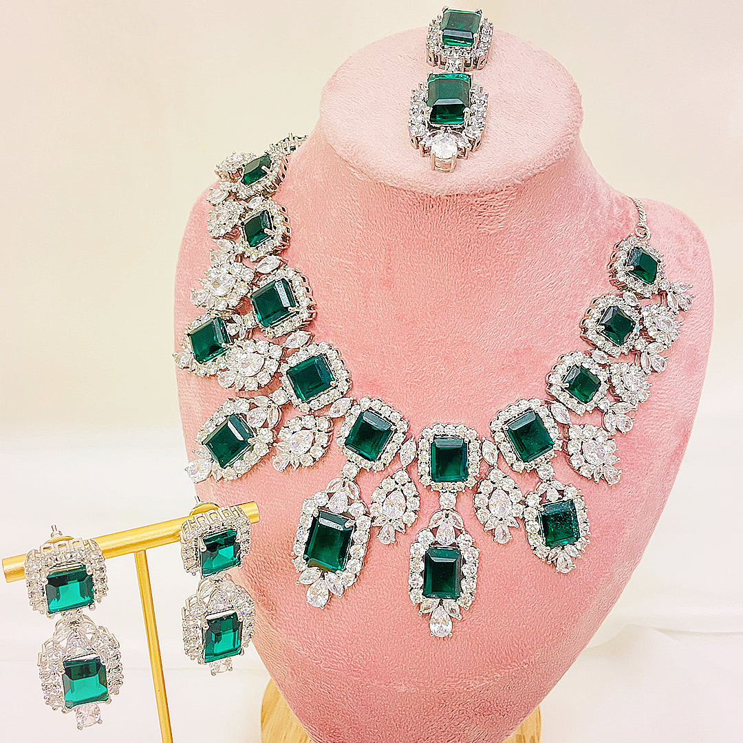 Alina Emerald-Cut CZ Bridal Necklace Set With Earrings & Bindiya