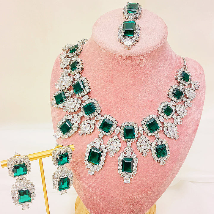 Alina Emerald-Cut CZ Bridal Necklace Set With Earrings & Bindiya