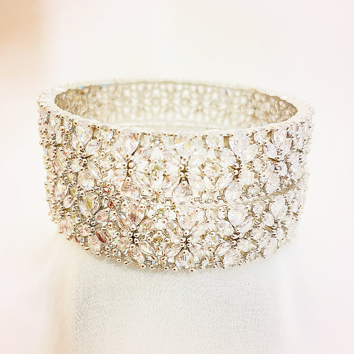 Vionette Floral CZ Broad Kara Bangles – Silver Polish