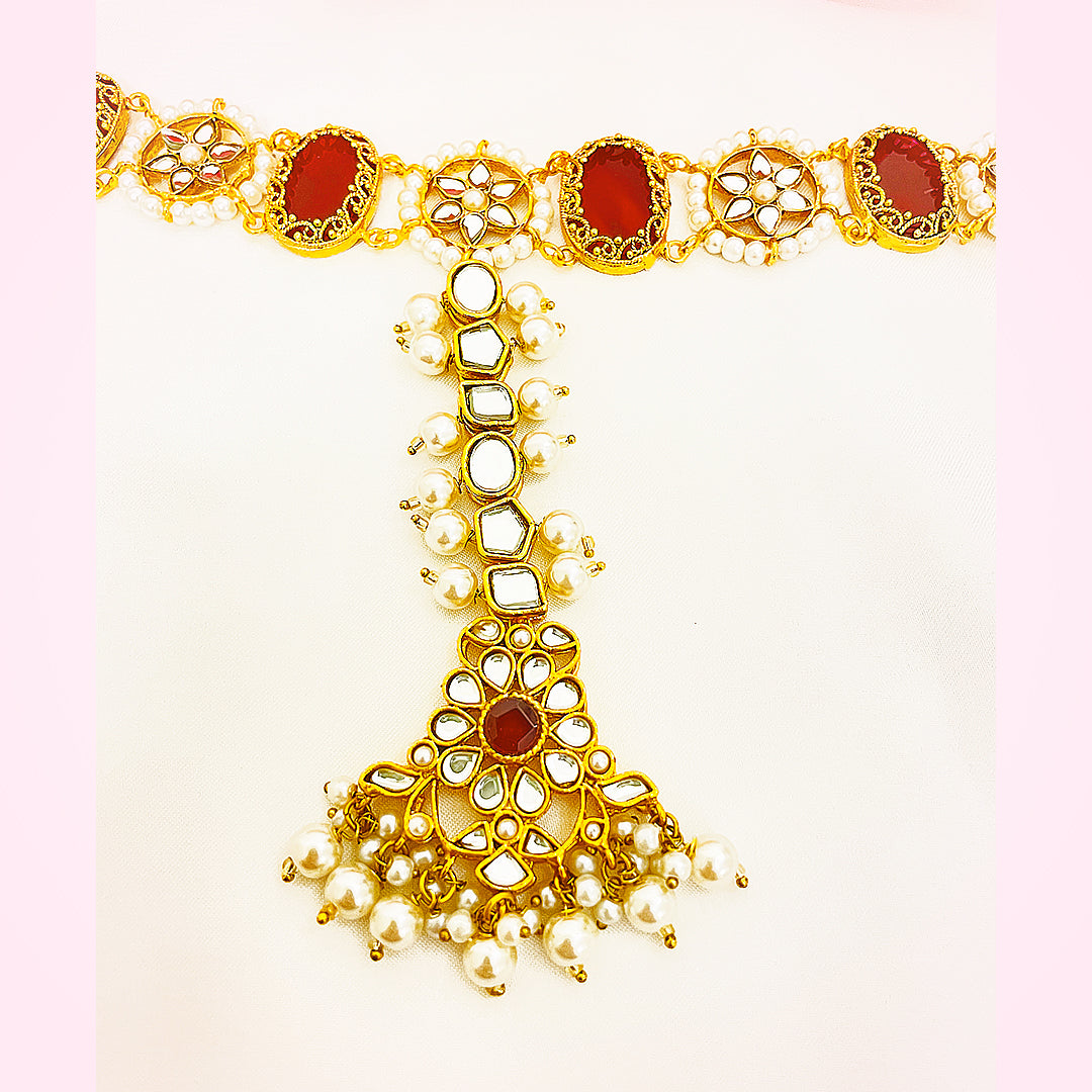 Aiza Kundan Matha Patti Headpiece With Red Detailing & Pearl Droplets