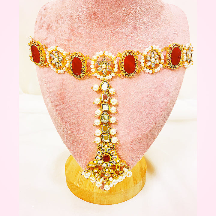 Aiza Kundan Matha Patti Headpiece With Red Detailing & Pearl Droplets