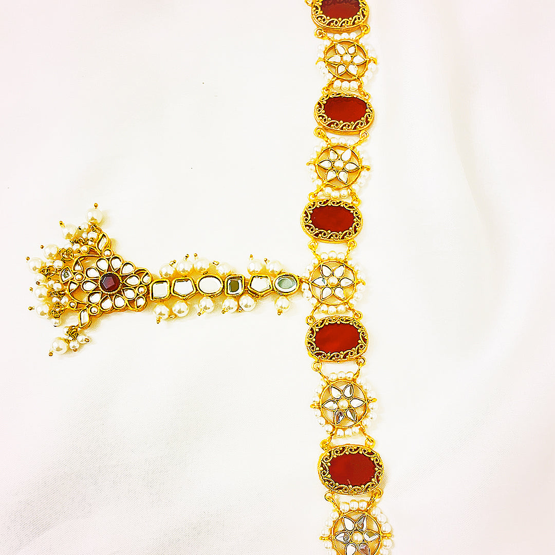 Aiza Kundan Matha Patti Headpiece With Red Detailing & Pearl Droplets